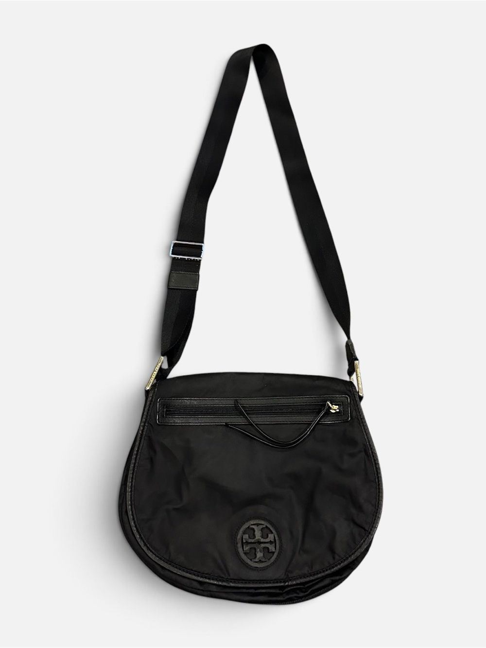 Tory Burch Black Crescent Crossbody Bag Gold HW Zip Logo Adjustable Strap R $350